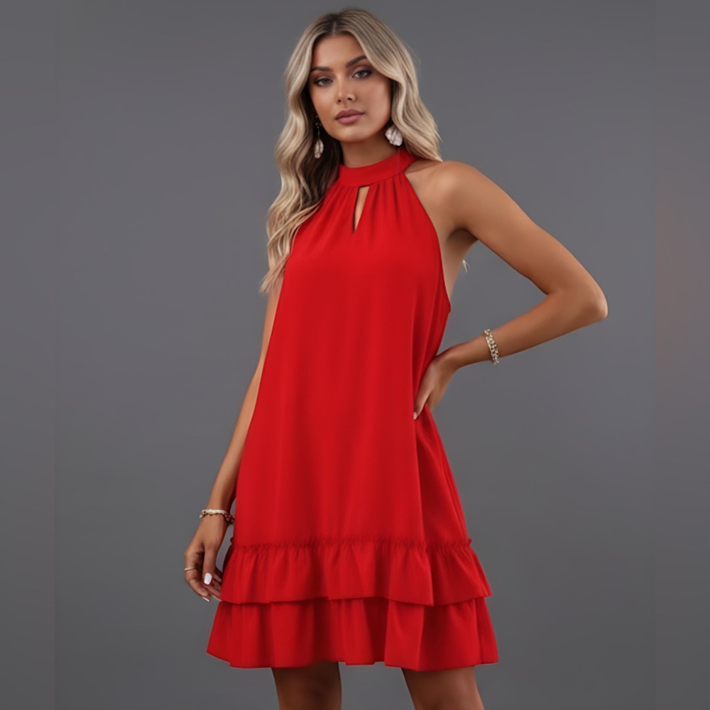 Red Layered Hem Halter Neck Dress - Picture 1 of 9